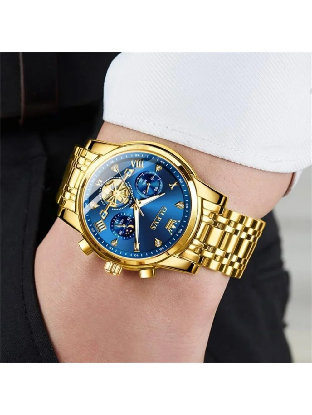 Men's Gold-Blue Stainless Steel Waterproof Big Face Multifunction Wrist Watch